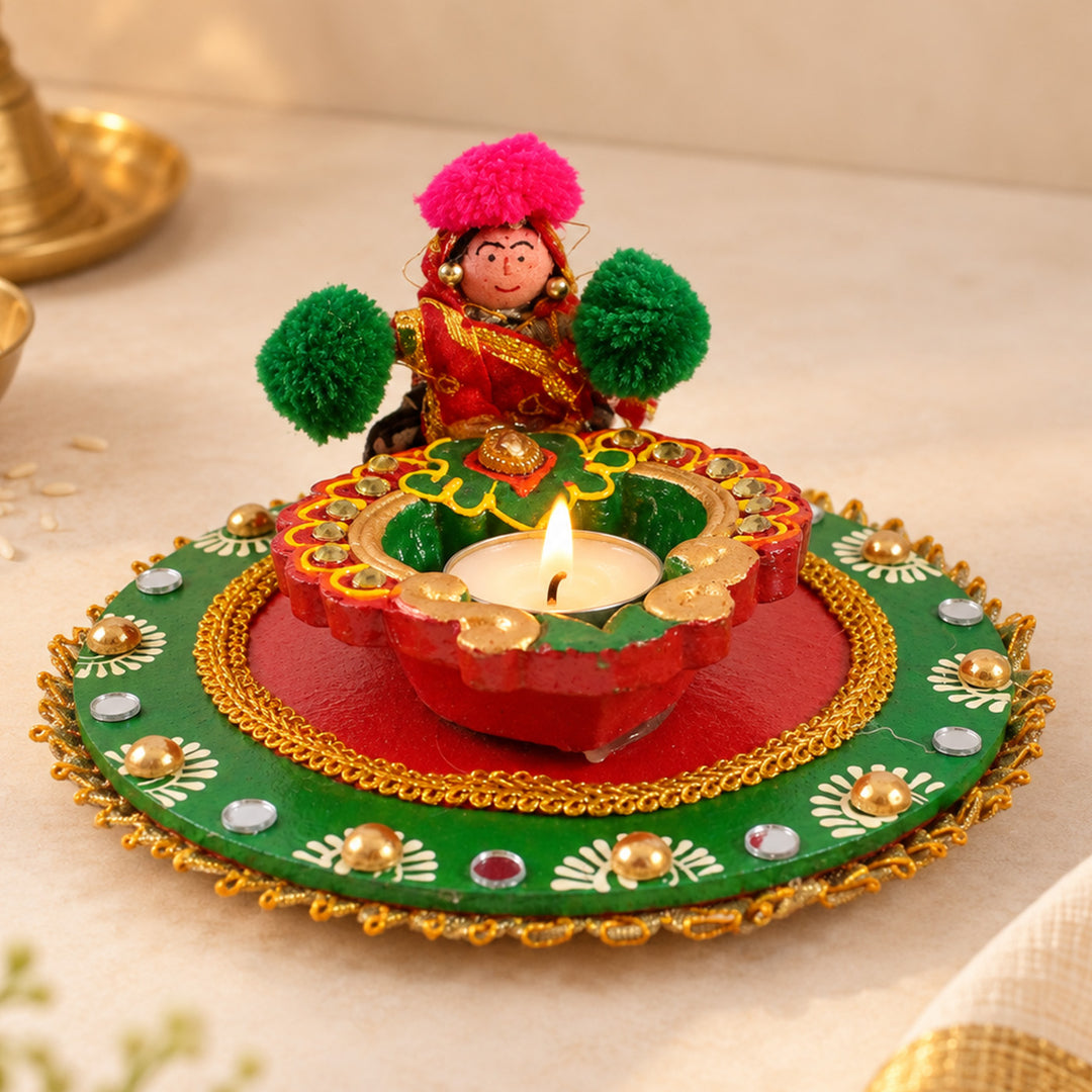 Puppet Handmade Fabric-Wrapped MDF Diya Thali For Pooja Room Decor