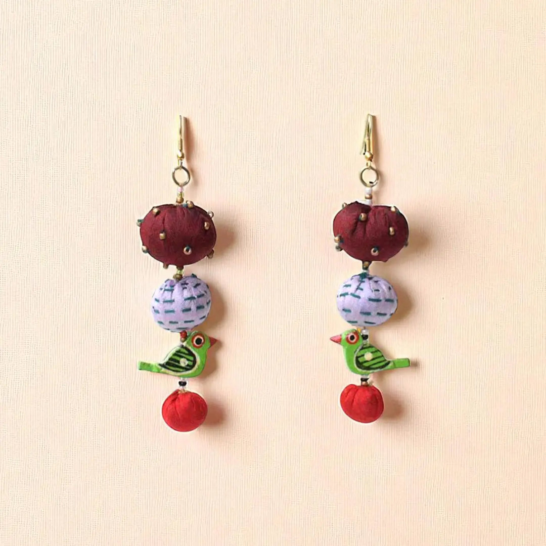 Handmade Textile Art Parrot Charm Dupion Silk Fabric Earrings