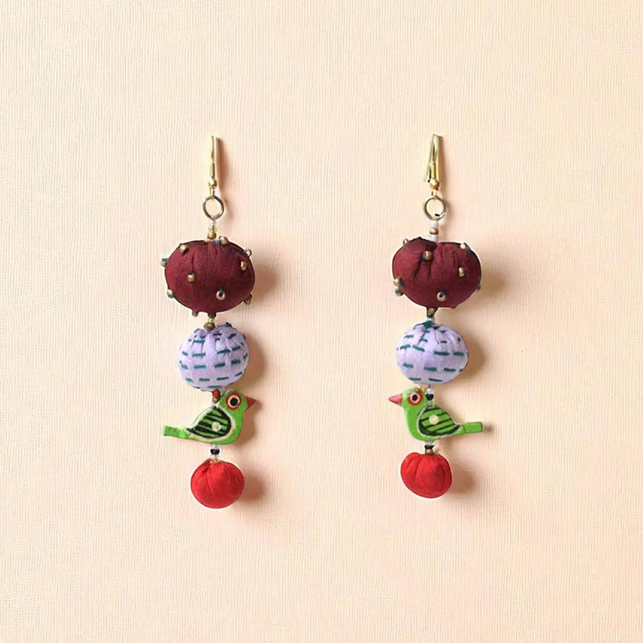 Handmade Textile Art Parrot Charm Dupion Silk Fabric Earrings