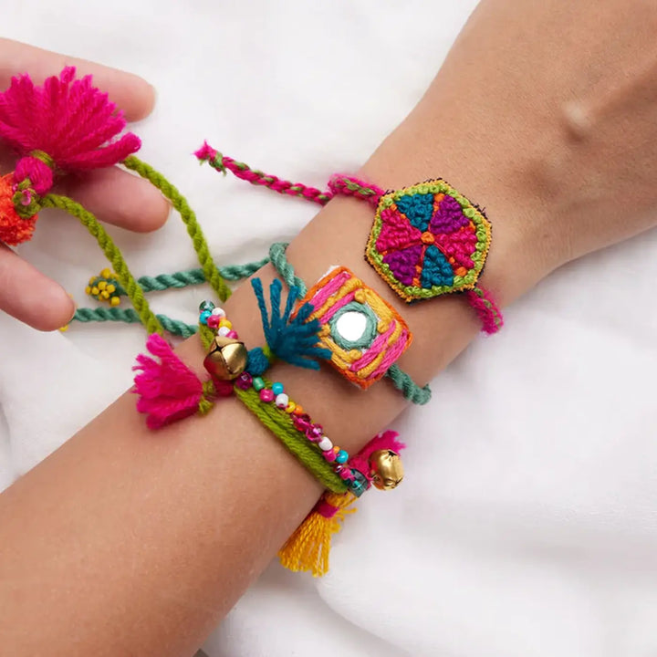 3 pc Rakhi + Brass Thali Set | Premium Chintoo Embroidered Rakhi Set with Roli Chawal