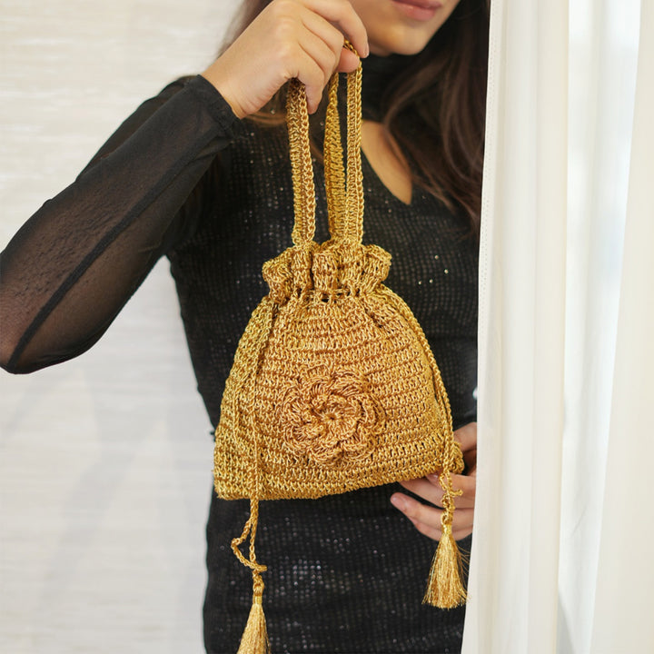 Handmade Crochet Golden Marigold Potli