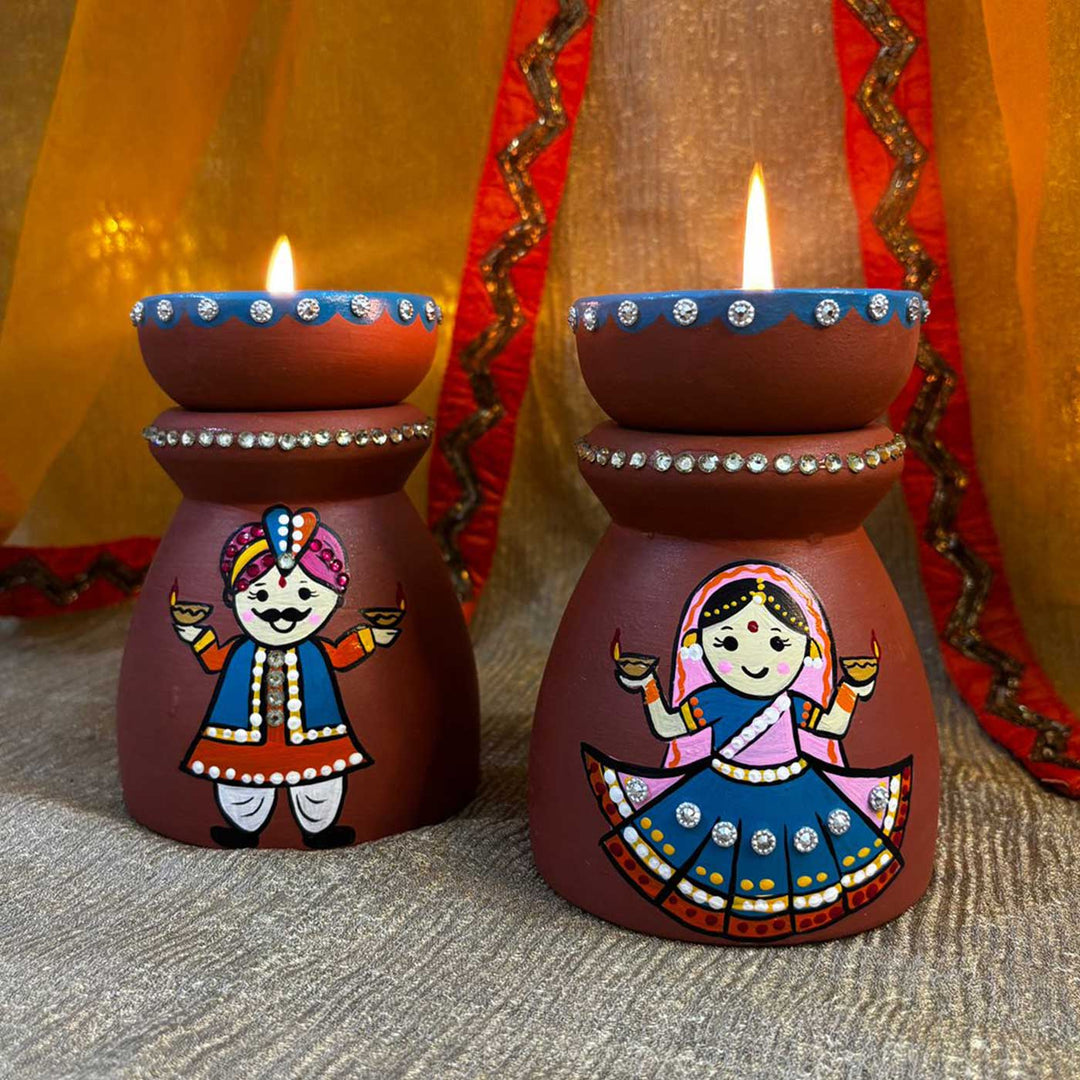 Hand-Painted Diwali Special Rajasthani Couple Theme Terracotta Tealight Holder | Set Of 2