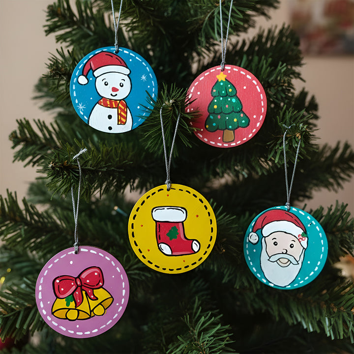 Hand-Painted MDF Wood Ornaments For Christmas Decoration | Set Of 5