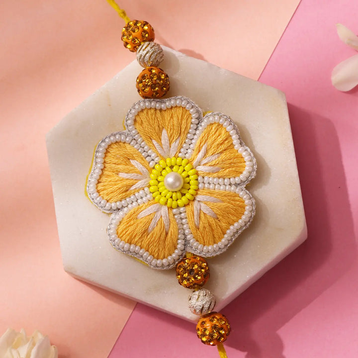 Hand Embroidered Yellow Flower Rakhi With Roli Chawal
