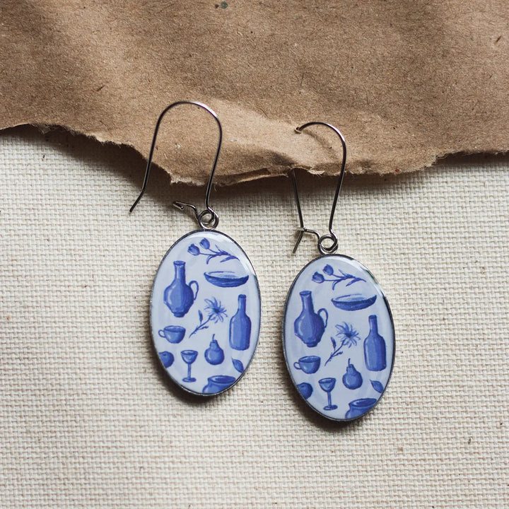 Illustrated White Ceramic Objects Inspired Resin & Stainless Steel Earrings
