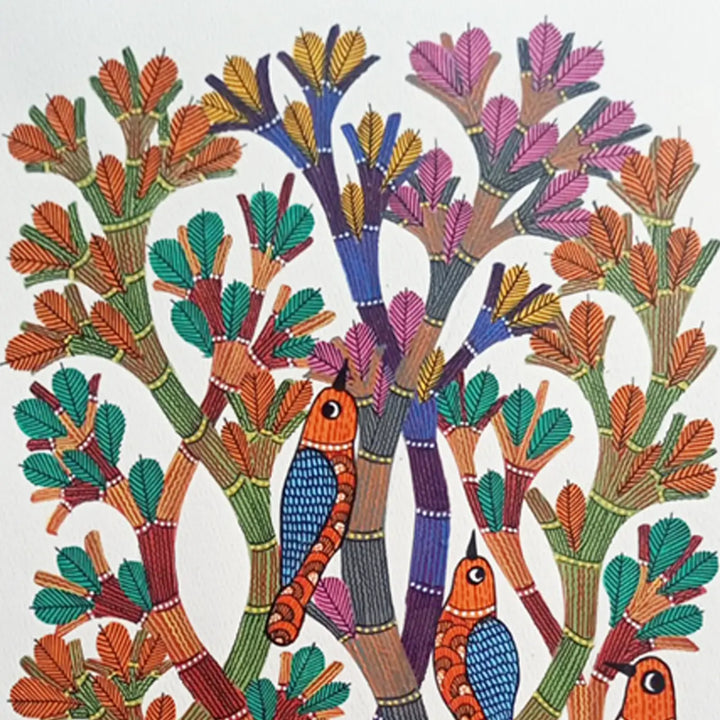 11 x 16 Inch | Birds & Nature | Original Hand Painted Tribal Gond Art Painting | Acrylic Paint On Paper