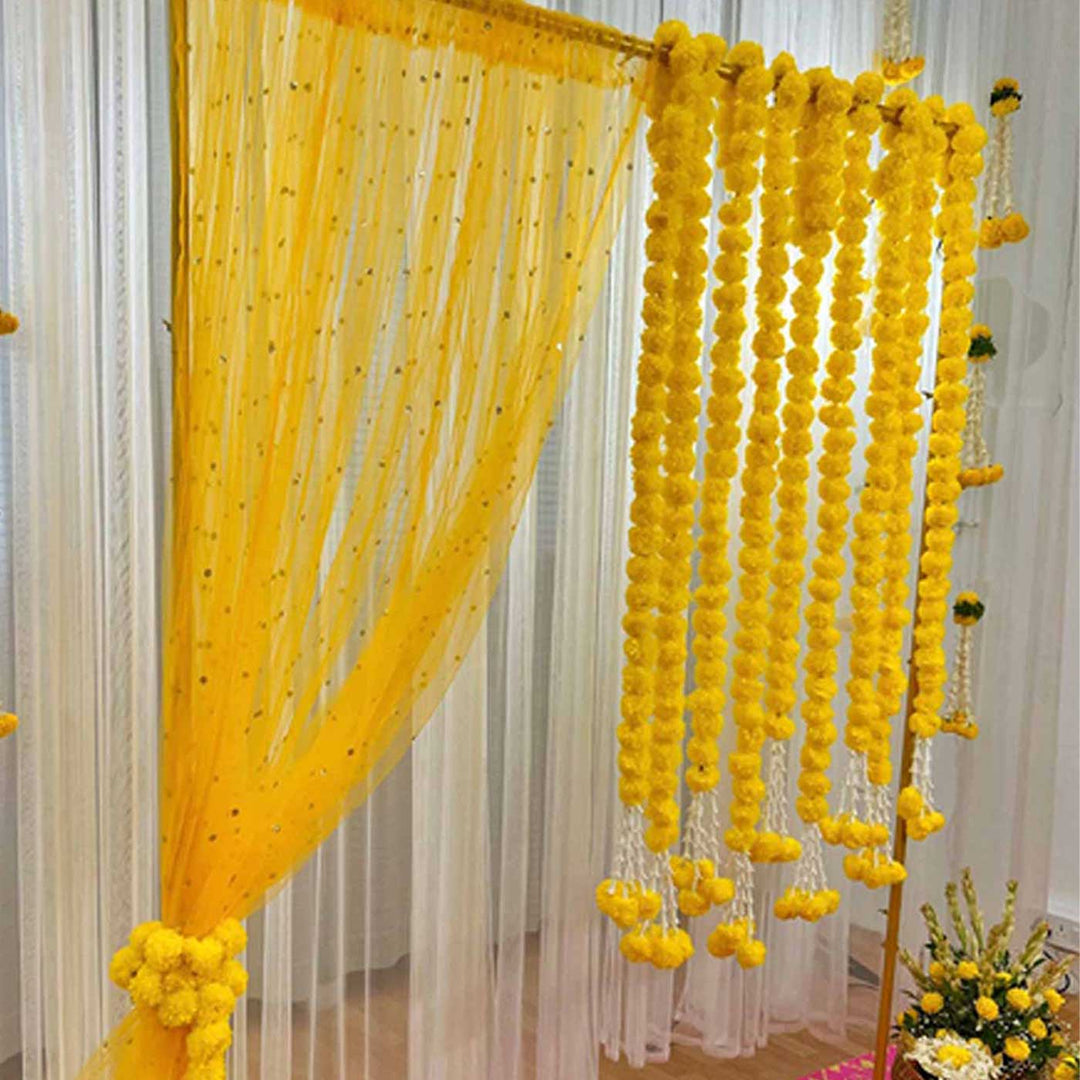 Yellow Marigold Garland Backdrop Decor Kit With Stand & Tissue Drape