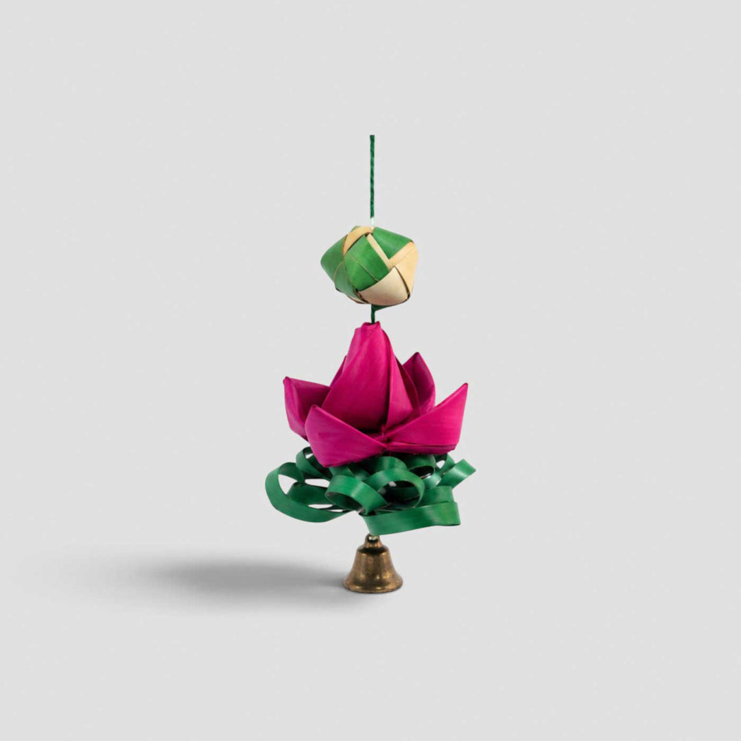4 Pc | Handcrafted Palm Leaf Lotus Hanging With Flower Base & Bells