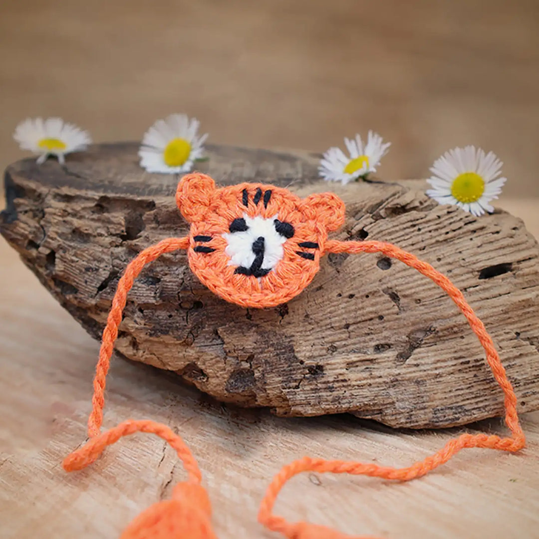 Handmade Crochet Tiger Theme Kids Rakhi With Roli Chawal