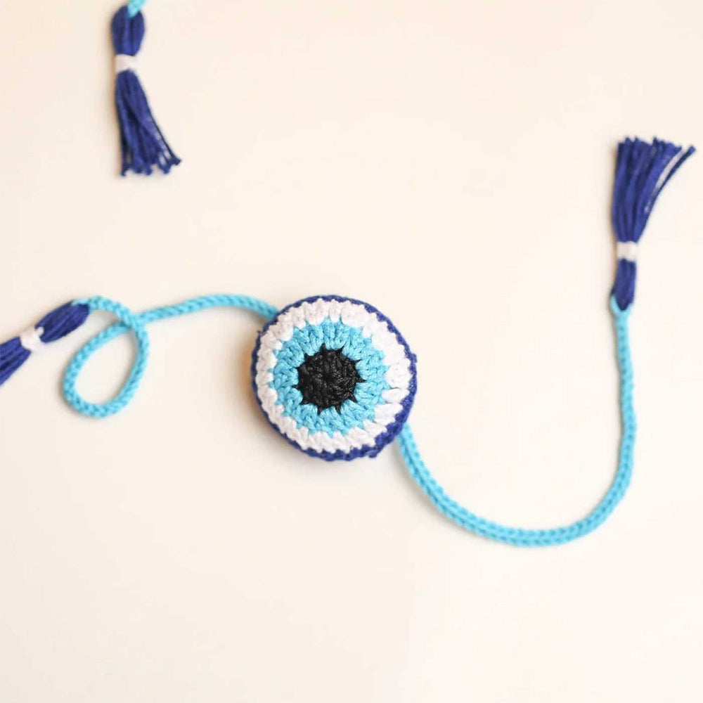 Handmade Crochet Evil Eye Design Cotton Rakhi 10 - Full Product Laydown