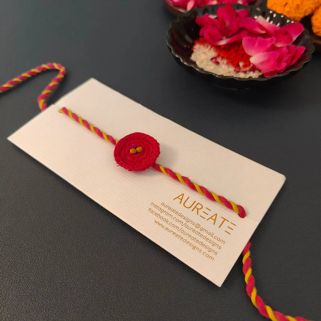 Handmade Crochet Beaded Round Rakhi With Roli Chawal