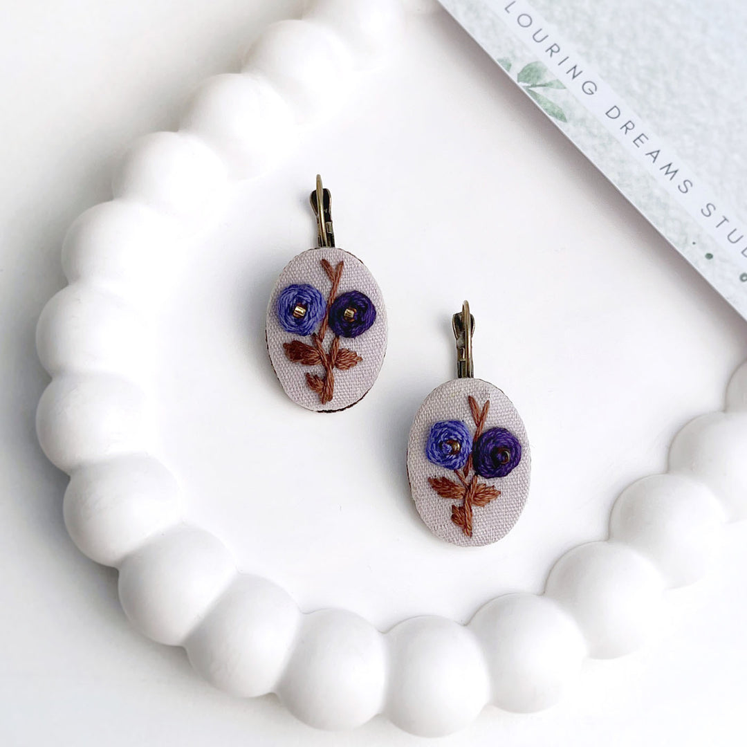 Hand Embroidered Moon Garden Bronze Tone Earrings