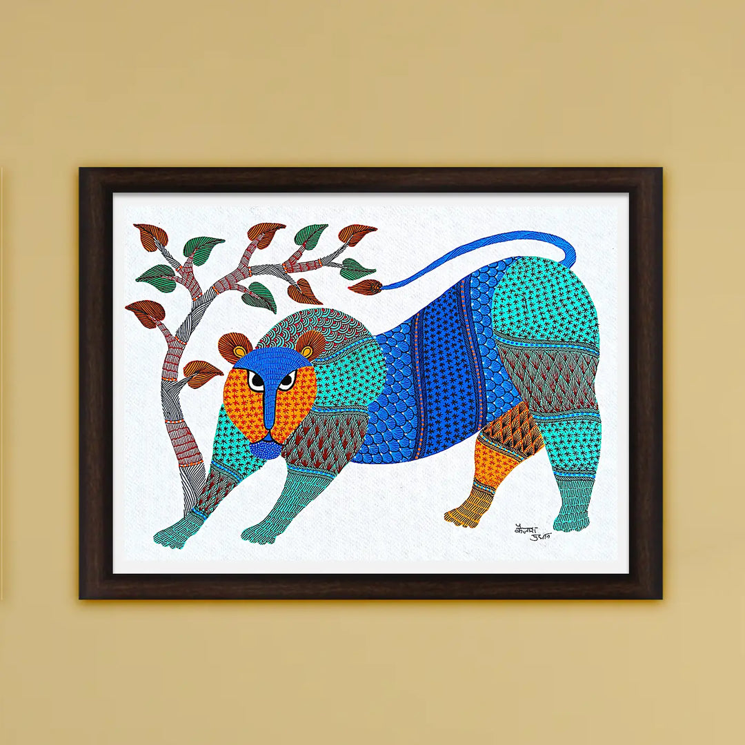 11 x15 Inch | Lion & Tree | Original Hand Painted Tribal Gond Art Painting | Acrylic Paints On Paper