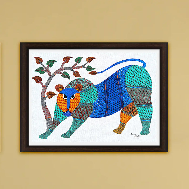 11 x15 Inch | Lion & Tree | Original Hand Painted Tribal Gond Art Painting | Acrylic Paints On Paper