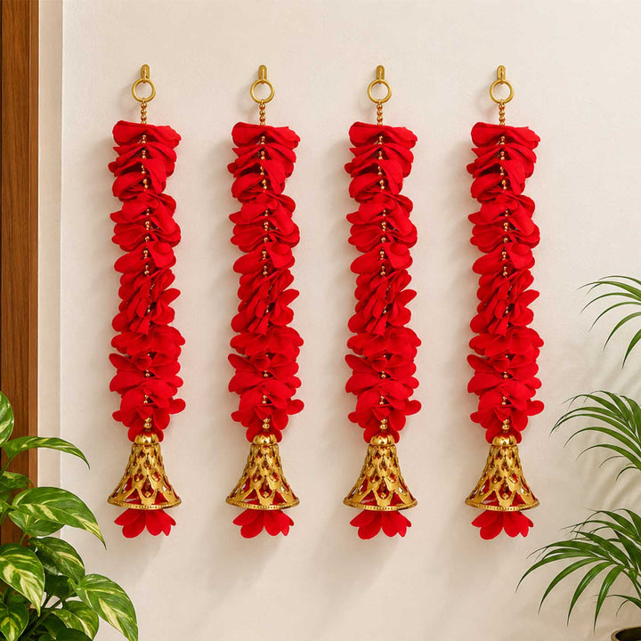 Handcrafted Small Red Artificial Flower Door Hangings With Bell Tassels