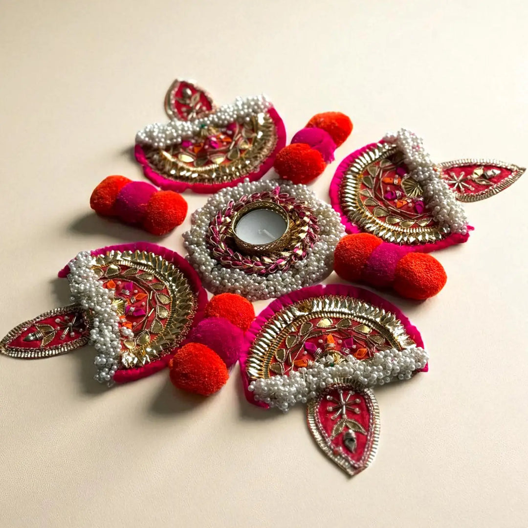 Reusable Gota Patti Pink Diya Design Rangoli | Set Of 9