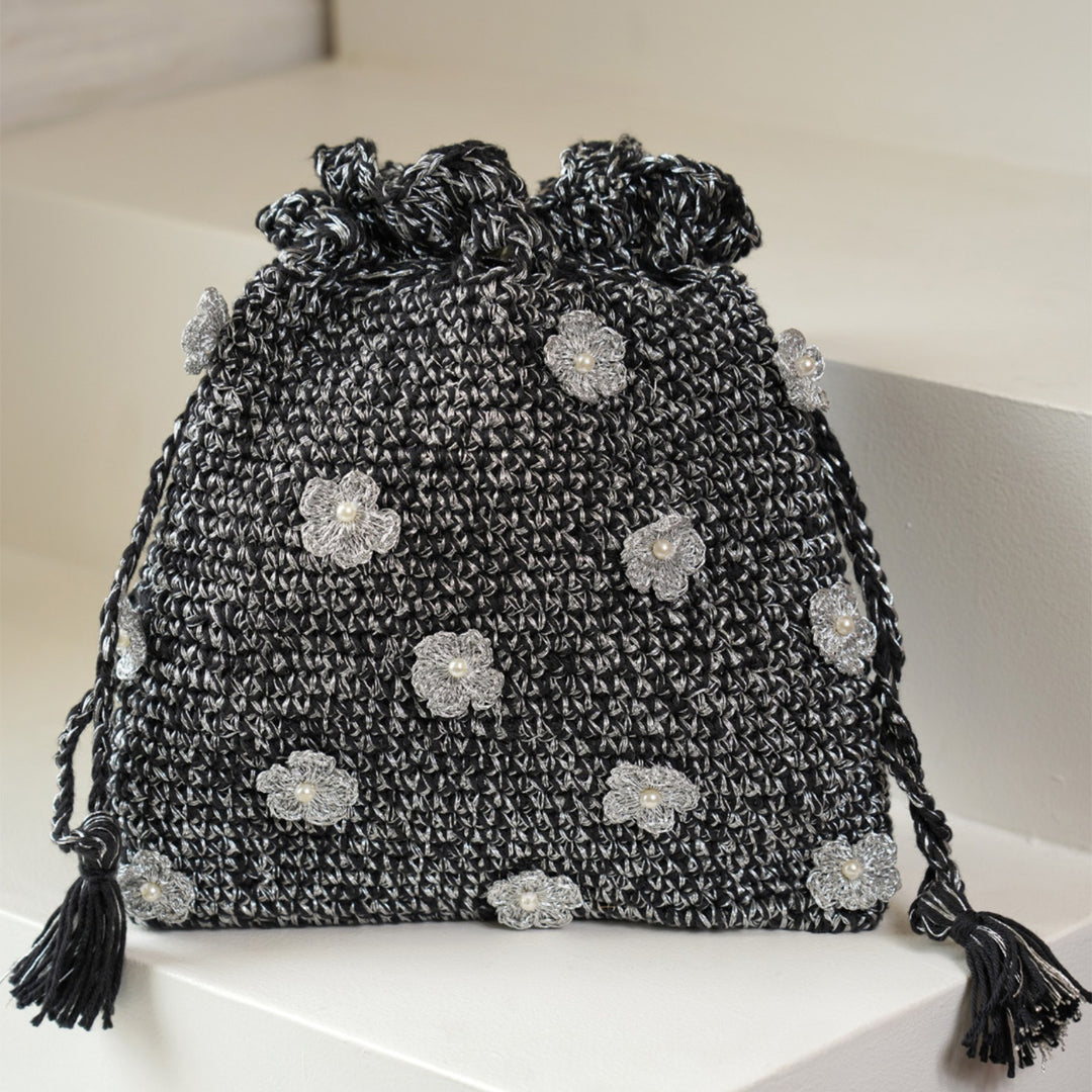 Handmade Crochet Floral Silver Sprinkle Potli