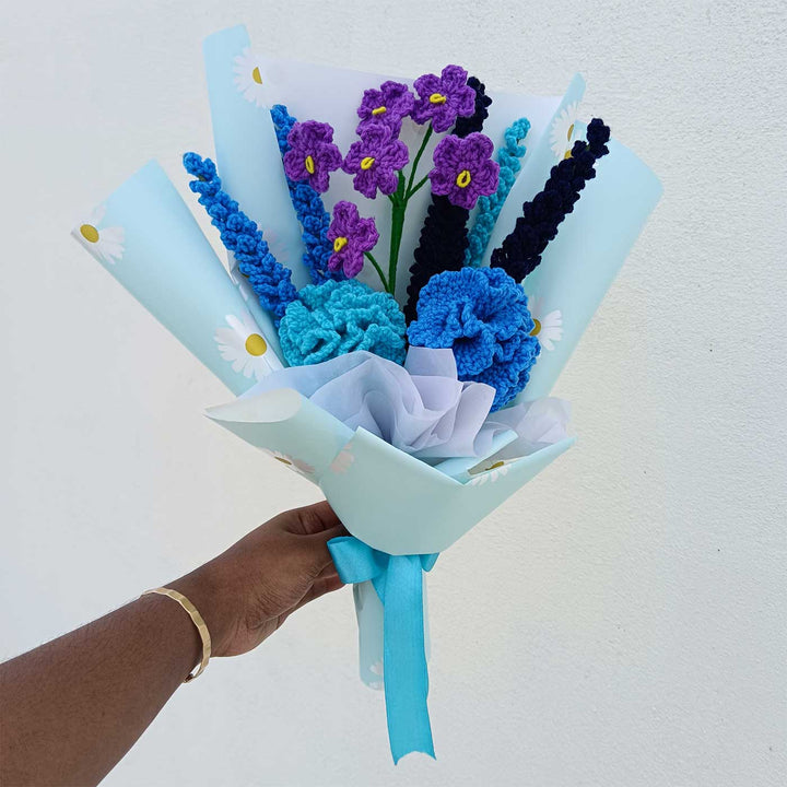 Handmade Crochet Serene Blue Theme Flower Bouquet WIth Lights