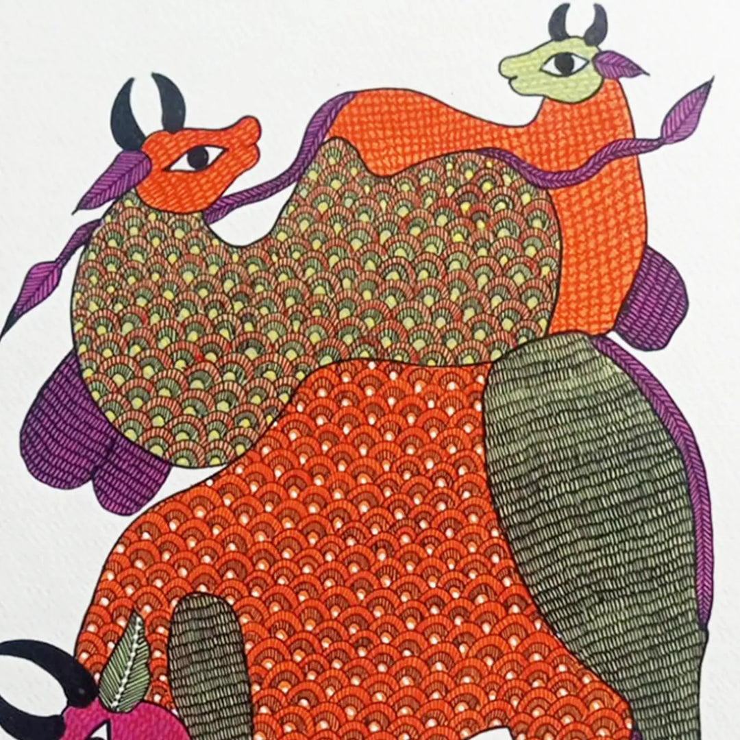 11 x 16 Inch | Cow & Calves | Original Hand Painted Tribal Gond Art Painting | Acrylic Paint On Paper