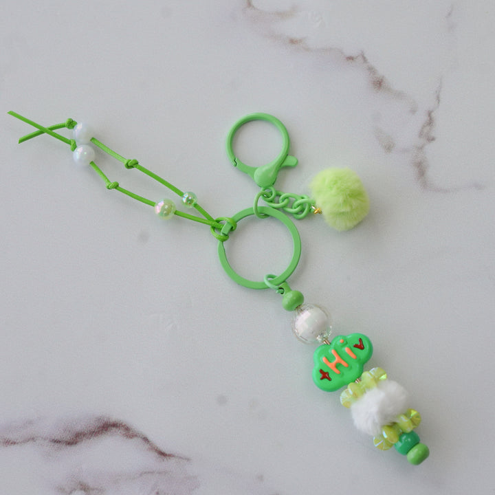 Green Cloud Bead & Fluffy Pom Pom Bag Charm With Keyring