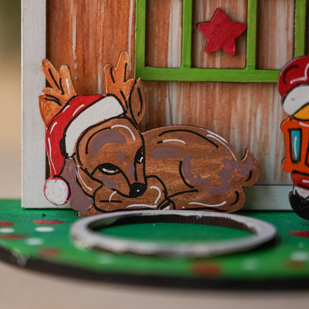 Hand-Painted Santa & Reindeer House Wooden Tealight Holder For Christmas Decoration