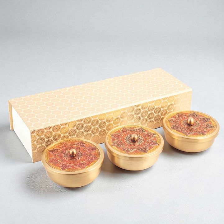Hand-Painted Puri Brass Gift Hamper | Includes 3 Containers And 1 Gift Box