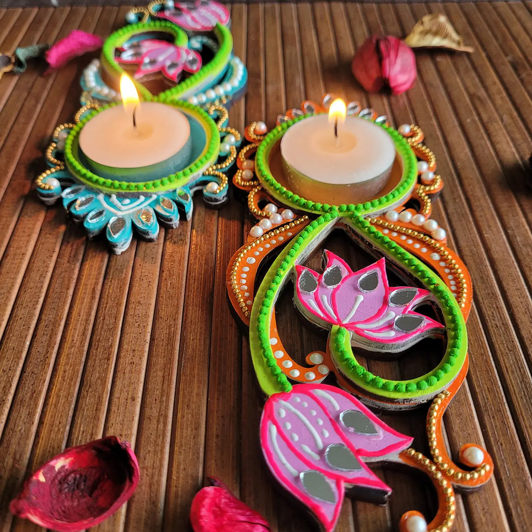 Hand-Painted Decorative Lotus MDF Wood Tealight Holder