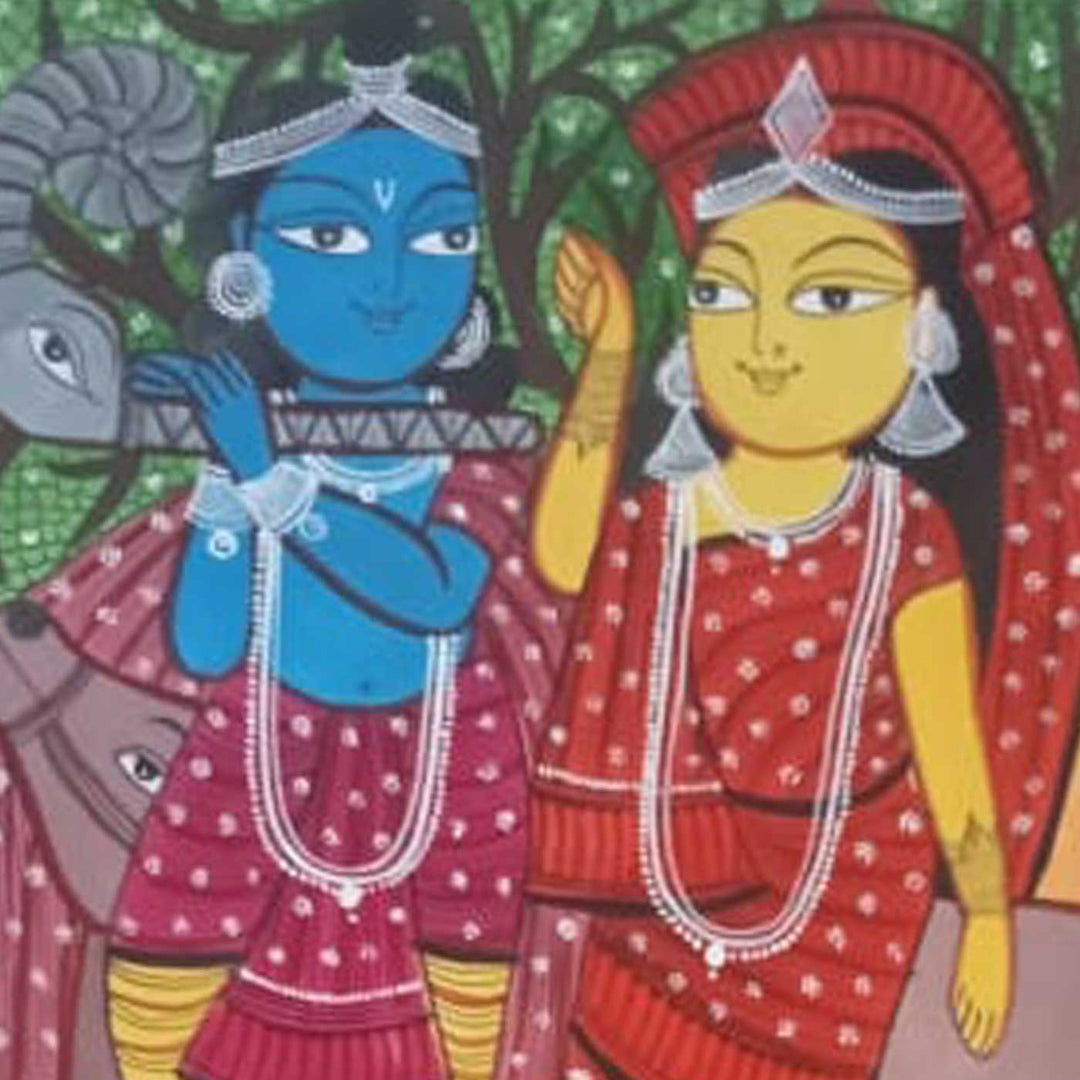 14 x 22 Inch | Radha Krishna Love | Original Hand Painted Kalighat Painting | Natural Colors On Paper