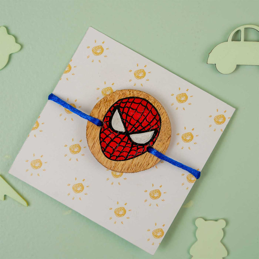 Personalized Hand Painted Spiderman Theme Wooden Rakhi With Roli Chawal - Product on Packaging