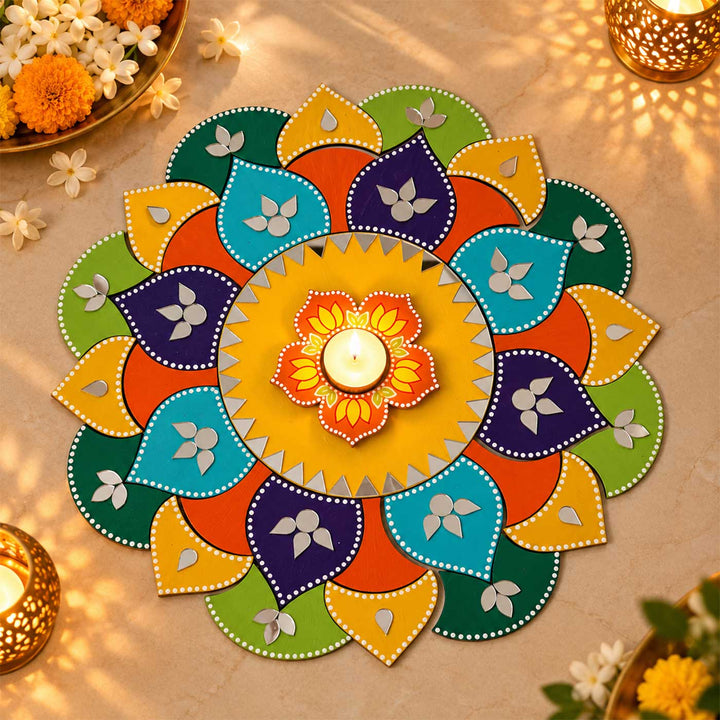 15 Inch Reusable Rangbahar Mirror Work Floral Mandala MDF Rangoli with Optional Tealight Holders