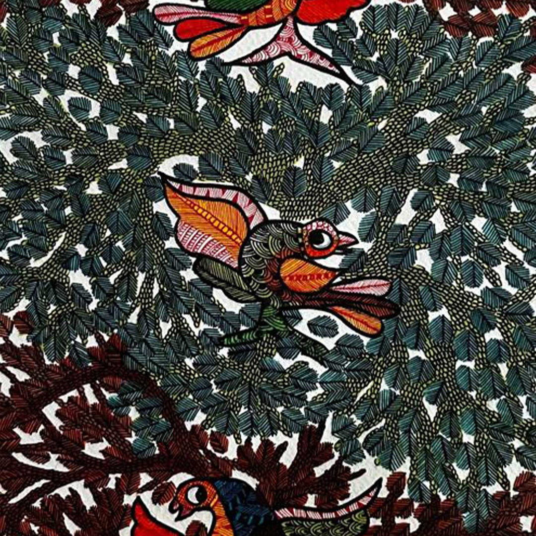 15 x 22 Inch | Birds & Leaves | Original Hand Painted Tribal Gond Art Painting | Acrylic Paints On Paper