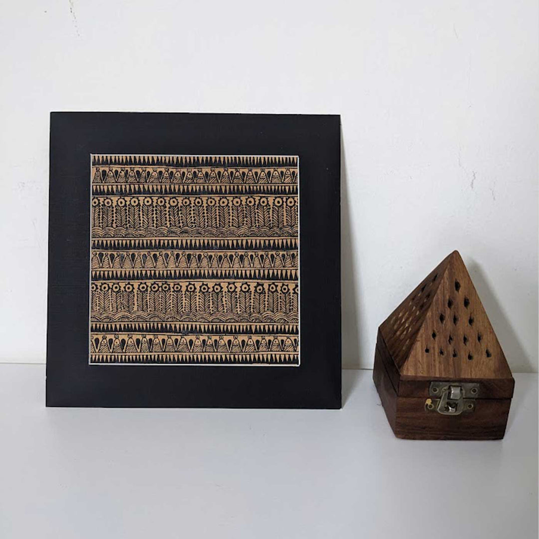 8 x 8 Inch | Black On Tea Treated Paper | Traditional Black & Brown Madhubani Style Drawing With Frame