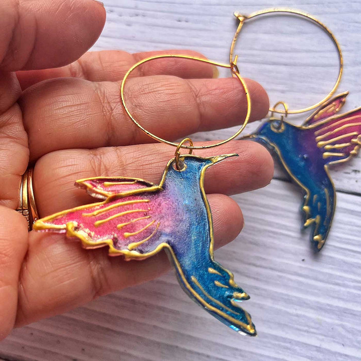 Handmade Laser Cut Humming Bird Hoop Acrylic Earrings