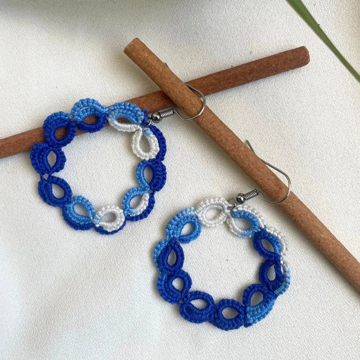 Handmade Tatting Blue Hoop Style Cotton Earrings