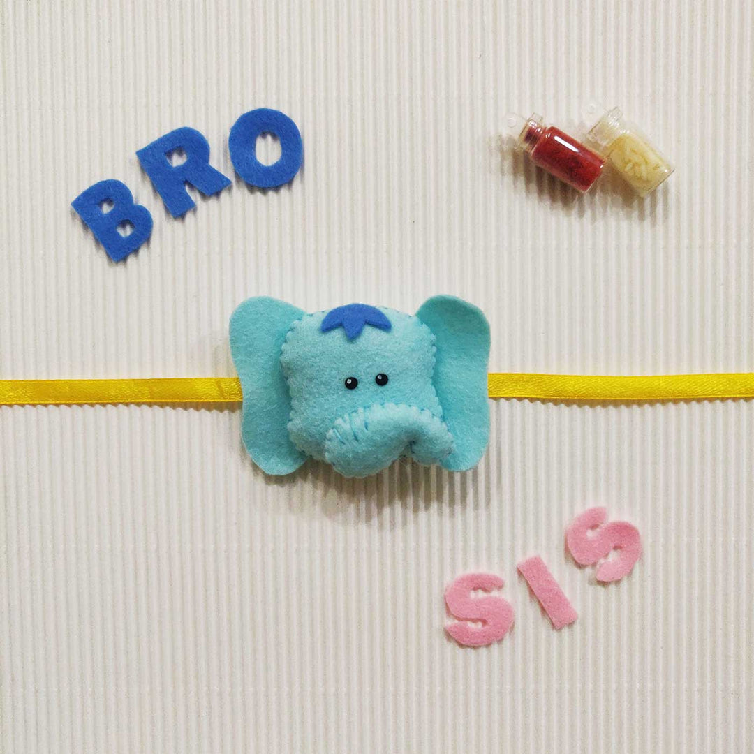 Handmade Elephant Theme Felt Kids Rakhi With Roli Chawal 10 - Front View with Text Decoration