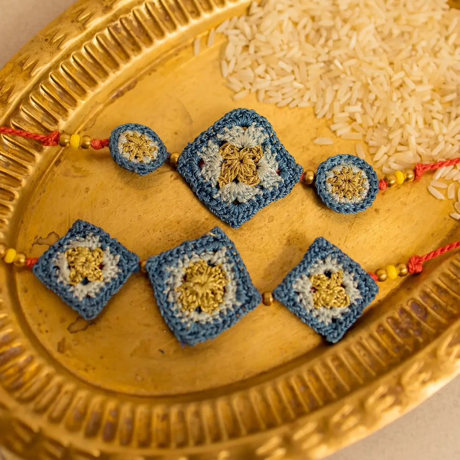 Handmade Crochet Trishla Rakhi With Roli Chawal Set Of 2 - Close-up of crochet details