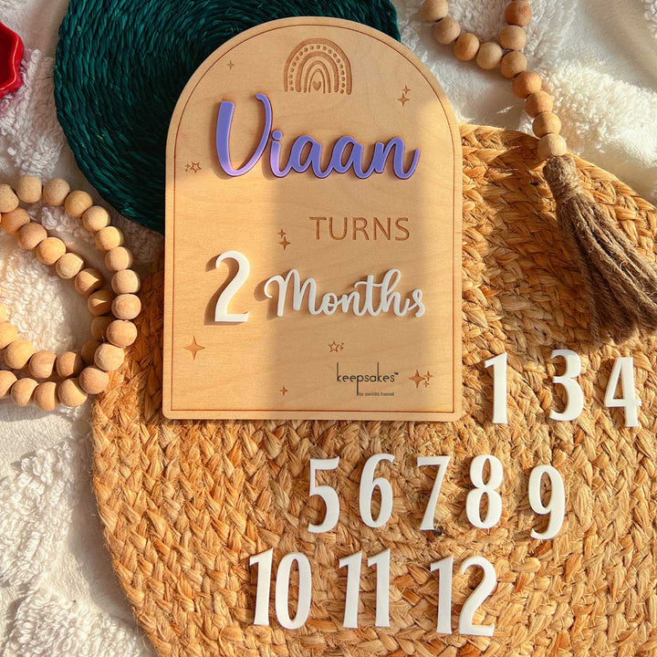 Personalized Rainbow Theme Birch Wood Baby Milestone Markers For Newborn Photoshoot