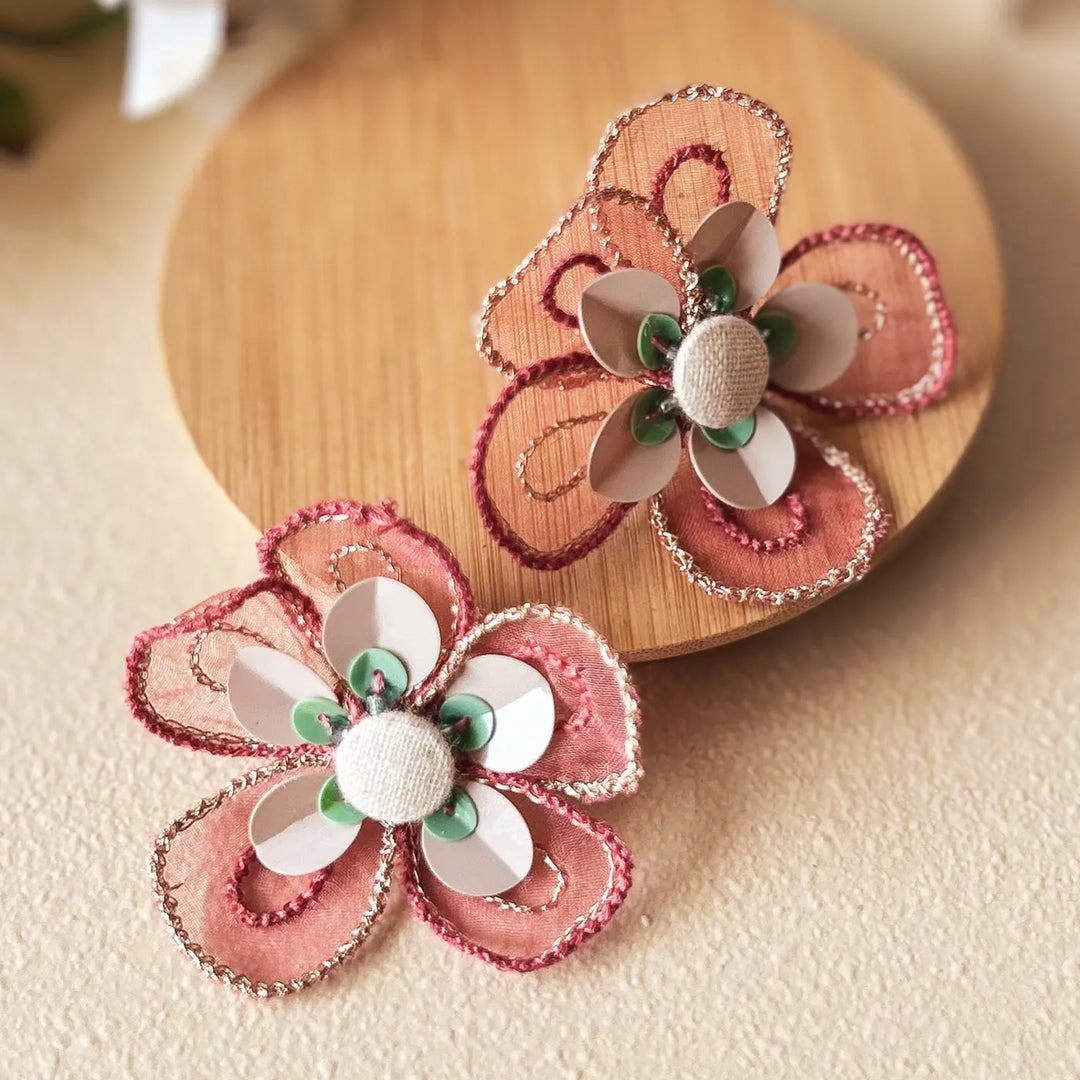 Hand Embroidered Pink Petal Flower Shaped Cotton Earrings