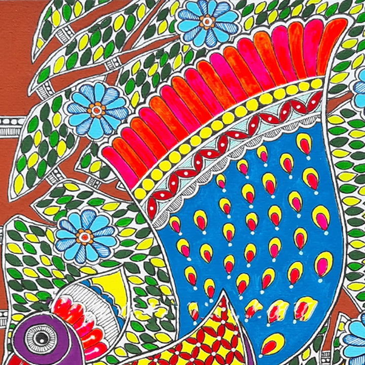 8 x 12 Inch | Peacock in Bloom | Original Hand Painted Madhubani Painting On Paper