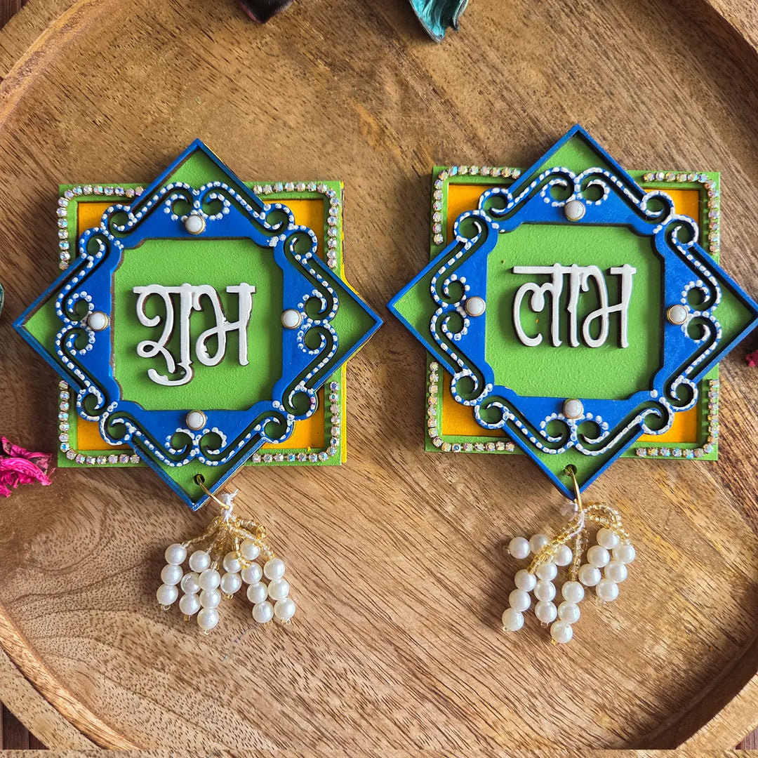 Hand-Painted Chaurang MDF Wood Shubh Labh Hangings | Set Of 2