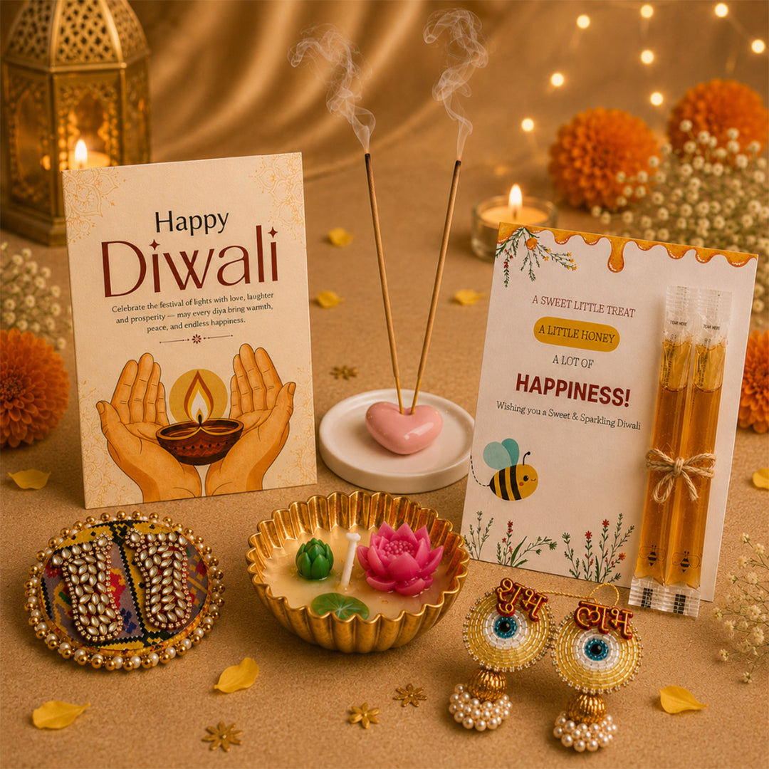 Shubh Aarambh Diwali Gift Hamper With Agarbatti Stand, Small Urli Soy Wax Candle And Shubh Labh Charan For Festive Gifting