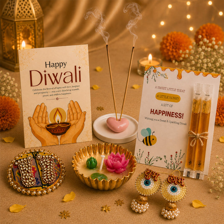 Shubh Aarambh Diwali Gift Hamper With Agarbatti Stand, Small Urli Soy Wax Candle And Shubh Labh Charan For Festive Gifting