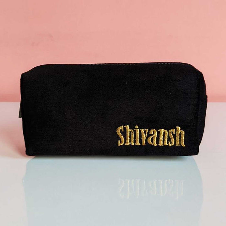 Personalized Handmade Embroidered Gold Letters Solid Black Velvet Pouch