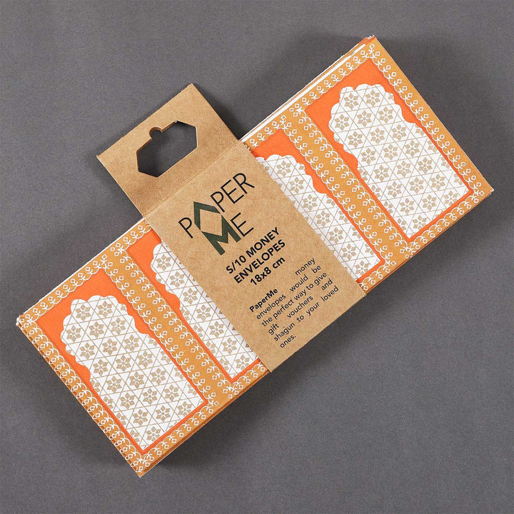 Personalized Handmade Jhorokha Orange Paper Envelopes | Set Of 10