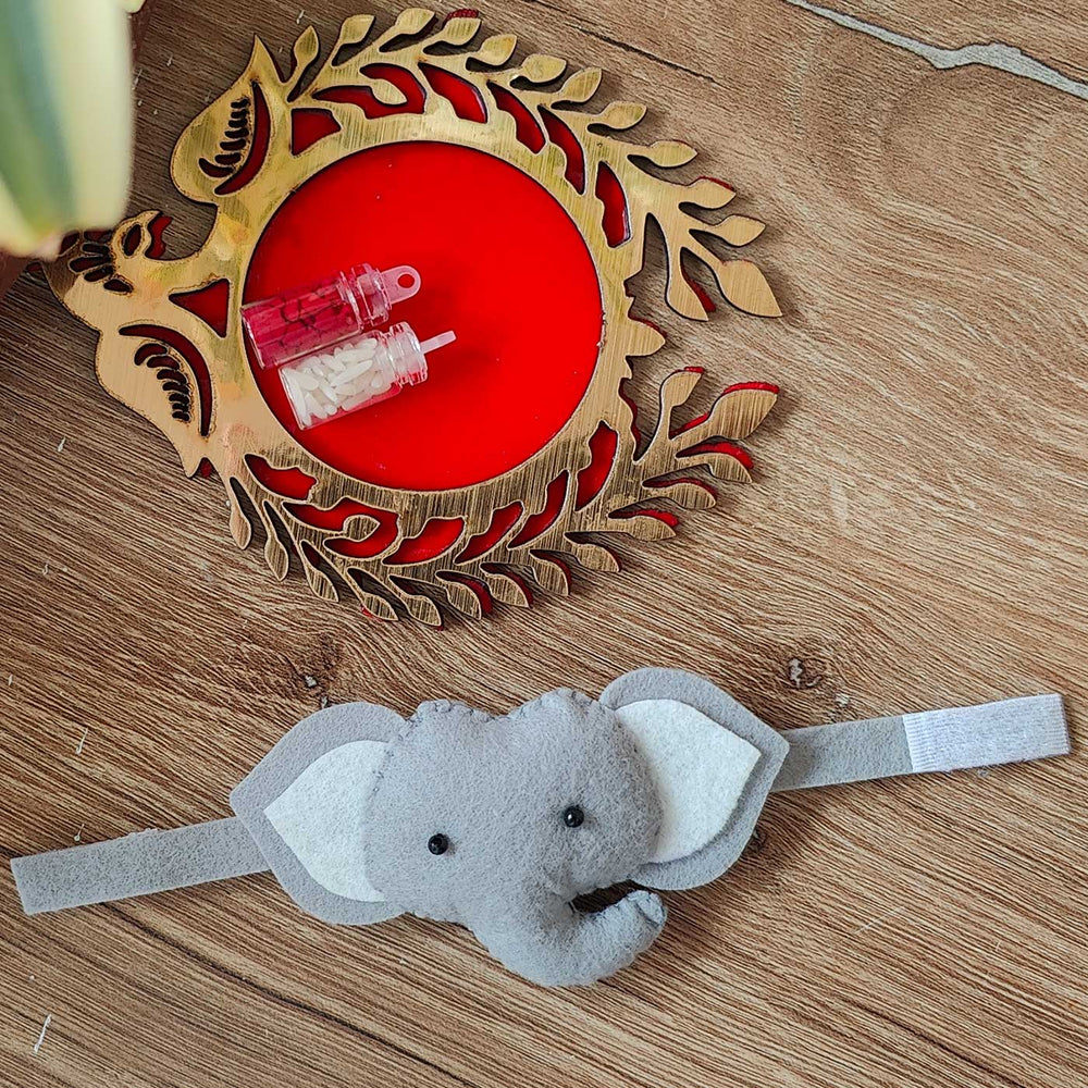 Handmade Elephant Theme Felt Kids Rakhi With Roli Chawal New - Full View on Surface