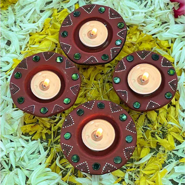 Set of 6 | Natural Finish Hand-Painted Flower-Shaped Terracotta Diya Tealight Holders For Festive Decor