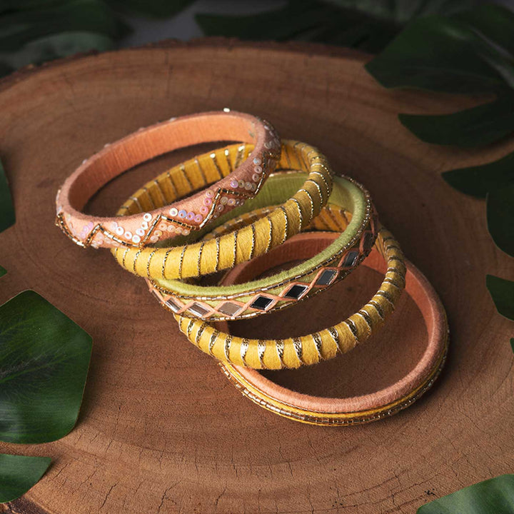 Yellow & Peach Handcrafted Elegant Mirror Work Bangles | Set of 5