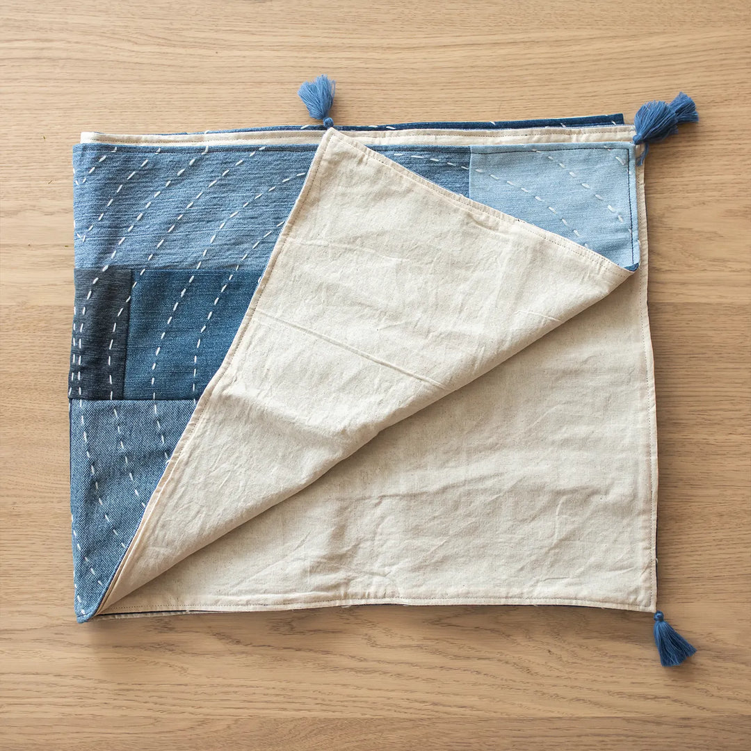Upcycled Hand Embroidered Denim Criss Cross Eco-Friendly Table Runner & Mat