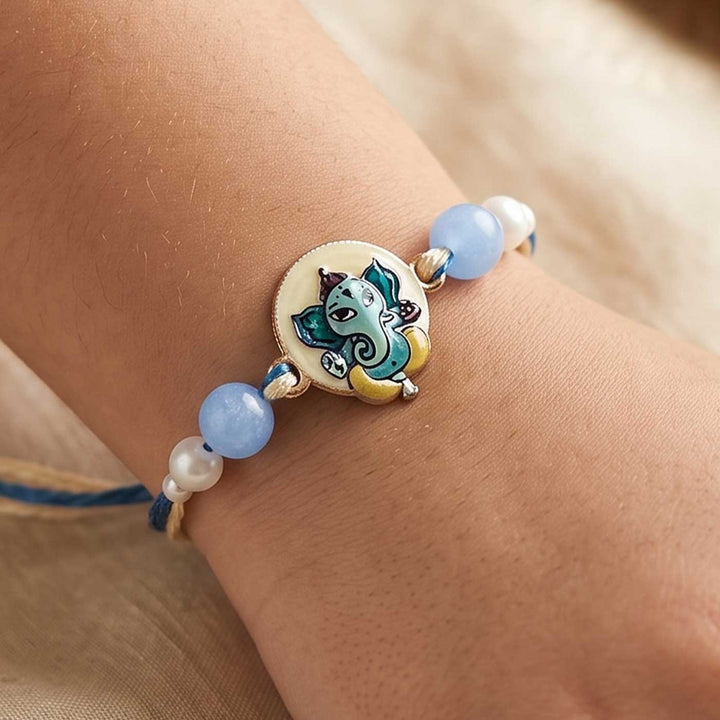 Engraved Lord Ganesha Enamel Metal Charm Rakhi With Roli Chawal for Brother