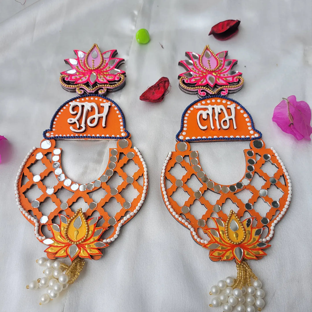 Hand-Painted Mirror Work Orange & Pink Lotus MDF Wood Shubh Labh Hangings | Set Of 2
